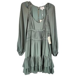 Bohme Dress M Cottagecore Boho Tiered Peasant Sage Green Long Sleeves TINY FLAW